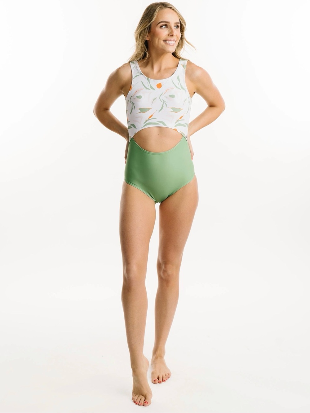 🩷ZYIA Green and White Floral Cutout One-Piece Swimsuit